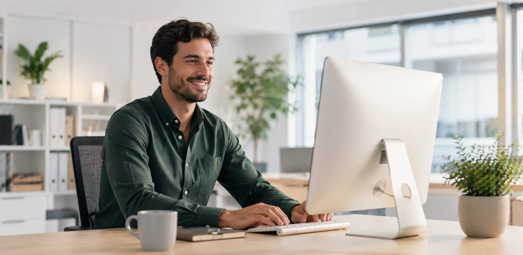 Persona trabajando feliz en la oficina con un ordenador
